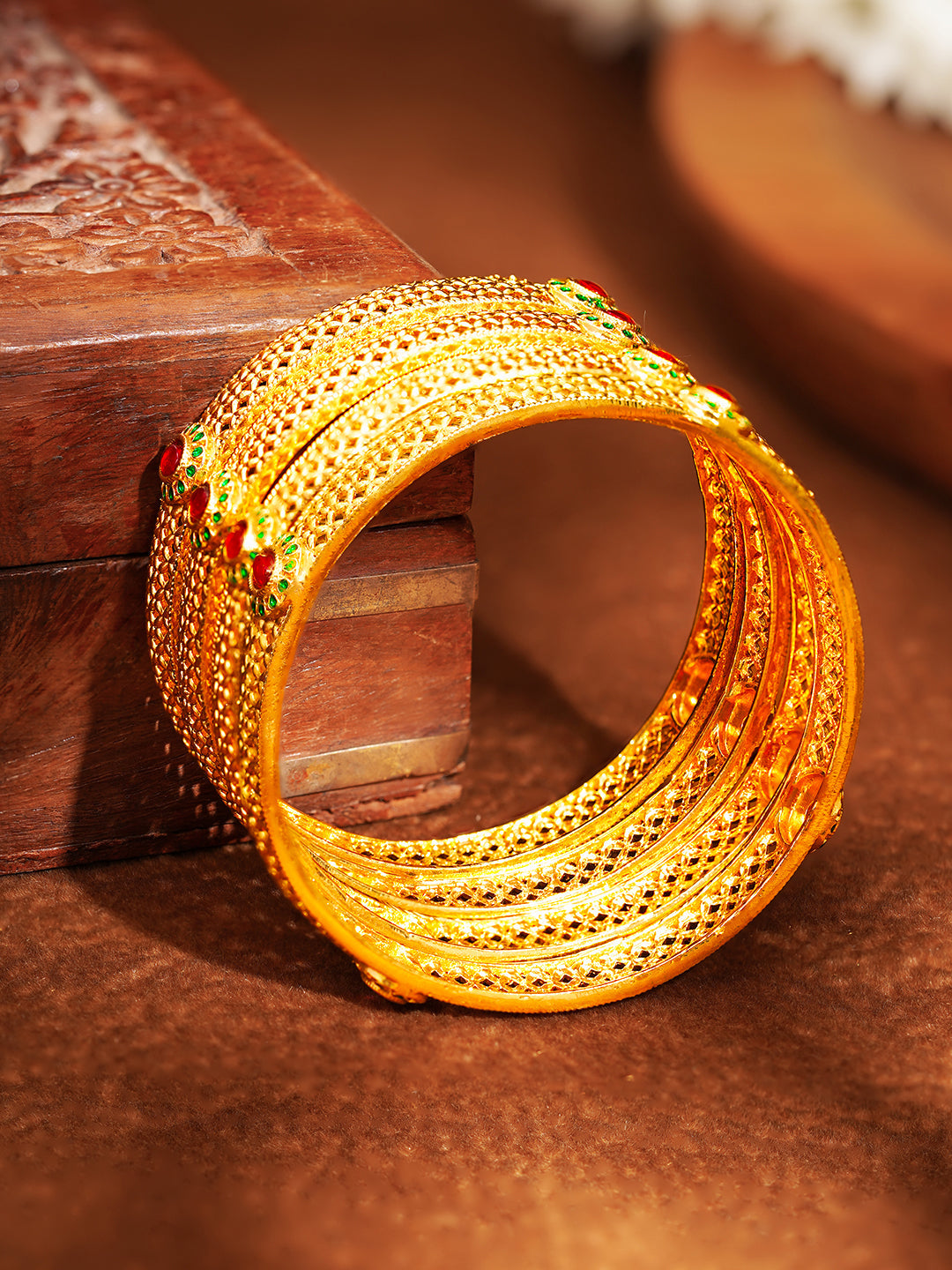 Festive Gold Plated Ruby Detail Bangles 2.6 - Medium