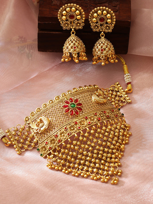 Rubans 22K Gold-Plated Ruby & Emerald and Golden Beaded Detailing Handcrafted Choker Set Gold