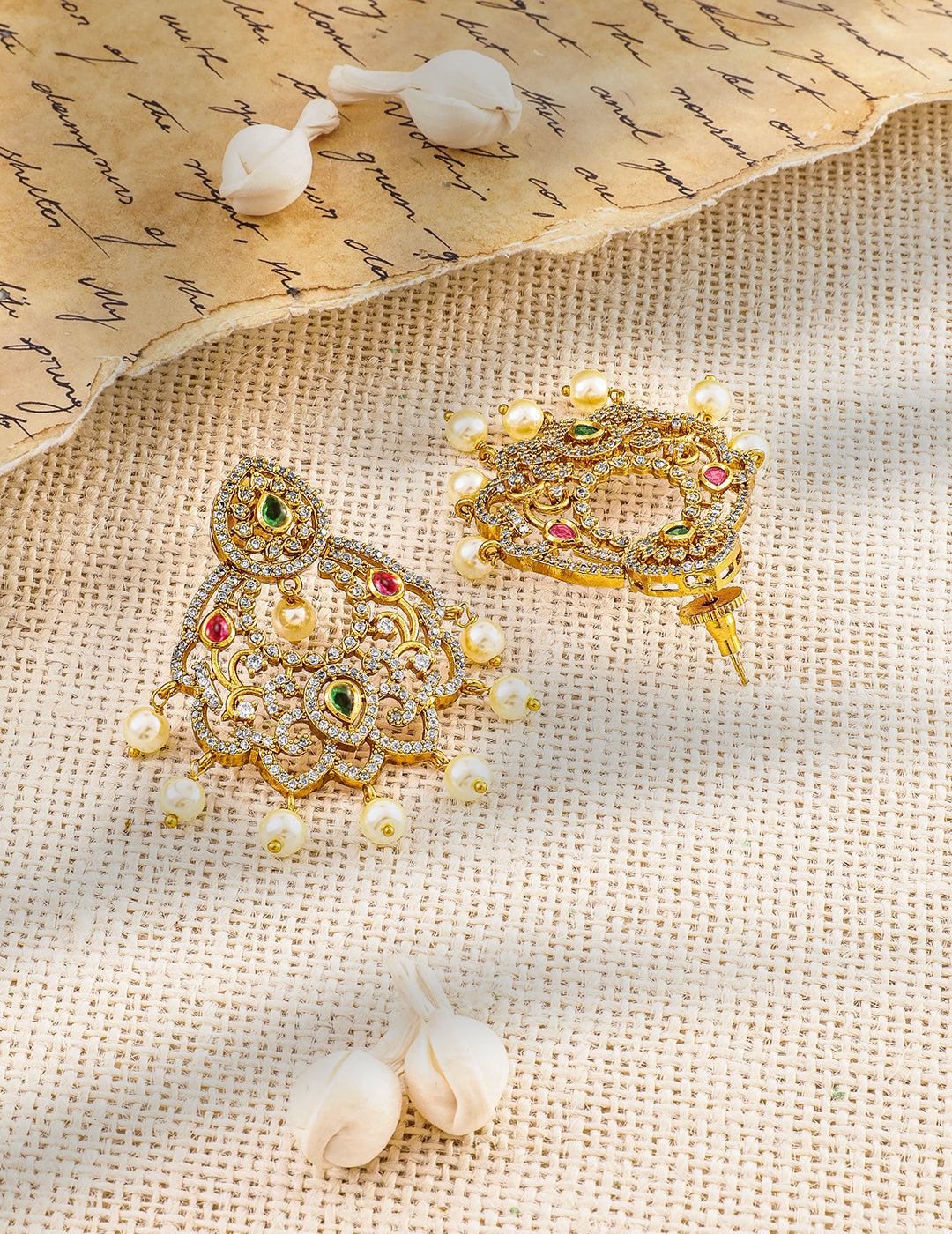 Regal Symphony in Green Red American Diamond Zirconia with Pearls Danglers Gold