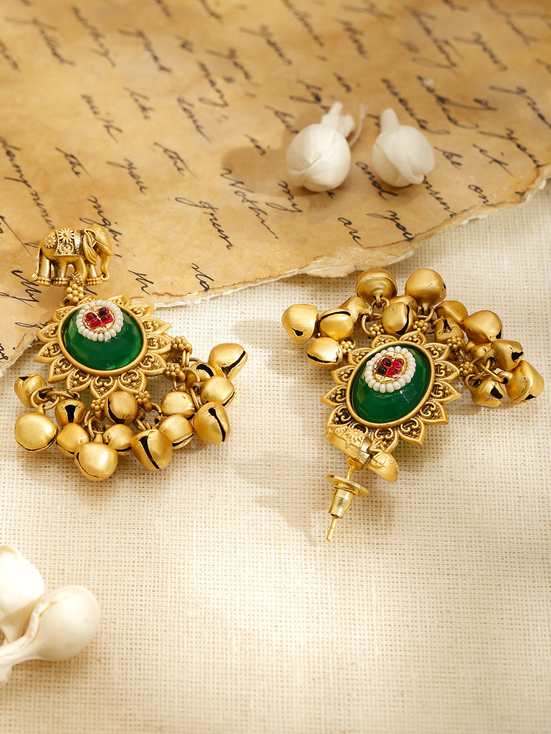 Elephant Motif Emerald Gold Beaded Kashmiri Danglers フリーサイズ