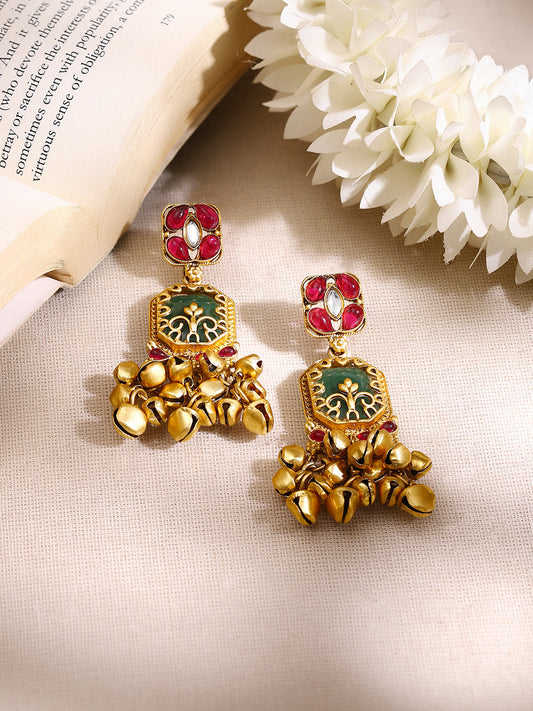 【Rubans】Gold Plated Emerald Ruby Ghungroo Statement Drop Earrings|ゴールドメッキ エメラルド ルビー グングルー ステートメント ドロップピアス