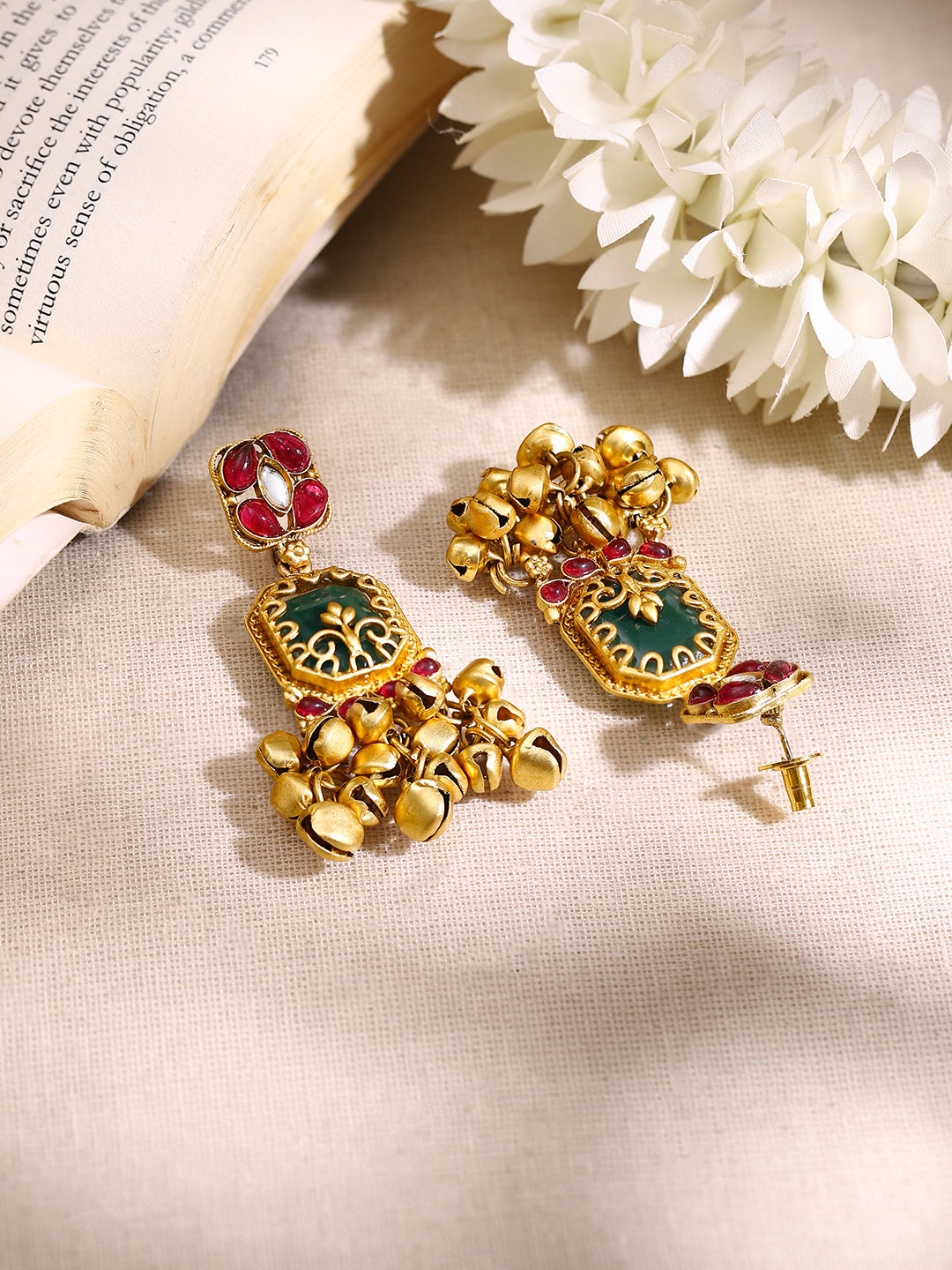 【Rubans】Gold Plated Emerald Ruby Ghungroo Statement Drop Earrings|ゴールドメッキ エメラルド ルビー グングルー ステートメント ドロップピアス