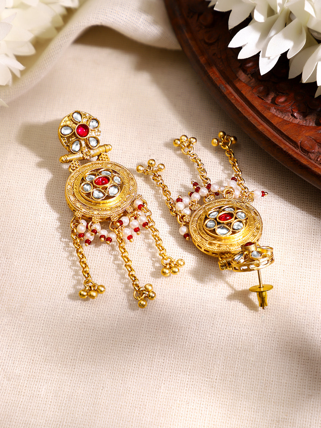 【Rubans】Gold Plated Ruby Kundan Ghungroo Tassel Drop Earrings|ゴールドメッキ ルビー クンダン グングルー タッセル ドロップピアス