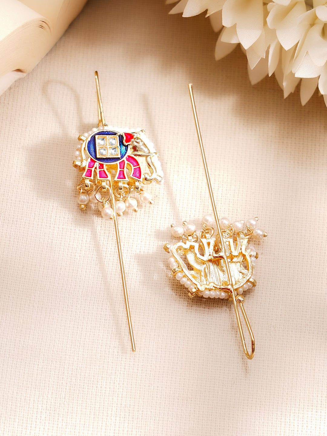 【Rubans】 Gold Plated Kundan Elephant Pearl Threader Earrings|ゴールドメッキ クンダン エレファント パール スレッダーイヤリング
