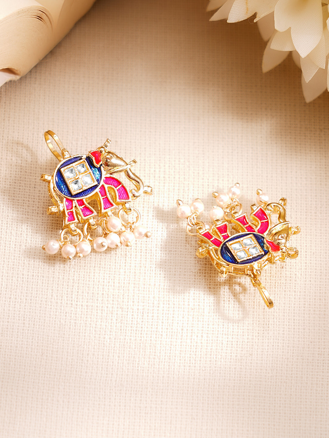 【Rubans】 Gold Plated Kundan Elephant Pearl Drop Earrings|ゴールドメッキ クンダン エレファント パールドロップ イヤリング