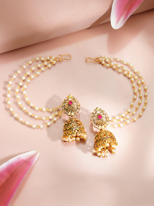 【Rubans】 Gold Plated Layered Pearl Beaded Kaan Chain Jhumkas|ゴールドメッキ レイヤード パールビーズ カーンチェーン ジュムカ