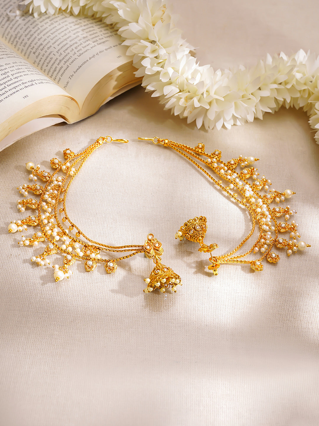 【Rubans】 Gold Plated Pearl Beaded Layered Kaan Chain Jhumkas|ゴールドメッキ パールビーズ レイヤード カーンチェーン ジュムカ