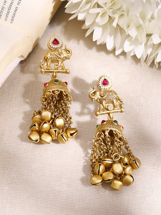 【Rubans】Gold Plated Elephant Ghungroo Tassel Jhumka Earrings|ゴールドメッキ エレファント グングルー タッセル ジュムカピアス
