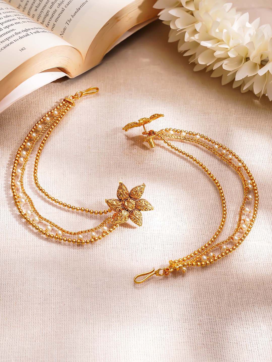 【Rubans】 Gold Plated Pearl Beaded Star Motif Layered Kaan Chain Earrings|ゴールドメッキ パールビーズ スターモチーフ レイヤード カーンチェーン イヤリング