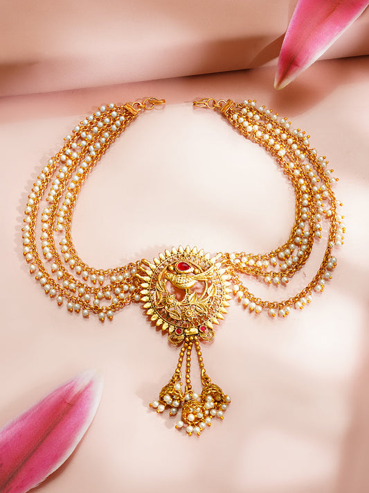 【Rubans】Gold Plated Peacock Pearl Layered Antique Hair Chain|ゴールドメッキ ピーコック パール レイヤード アンティーク ヘアチェーン