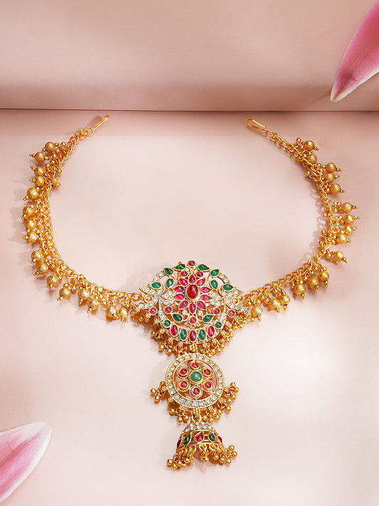 【Rubans】Gold Plated Temple Bloom Ruby Emerald Ghungroo Hair Chain|ゴールドメッキ テンプルブルーム ルビー エメラルド グングルー ヘアチェーン