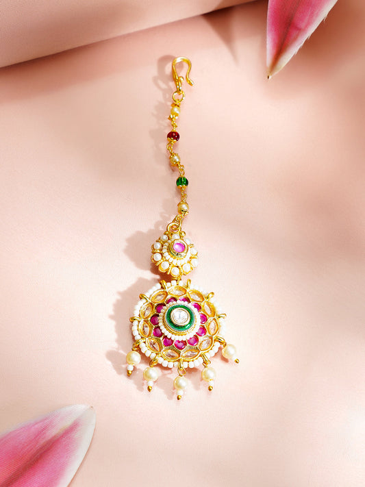 【Rubans】 Gold Plated Kundan Pink & Green Studded Maang Tikka|ゴールドメッキ クンダン ピンク&グリーン マーンティッカ(額飾り)