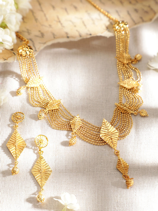 Rubans 22K Gold-Plated Multi-Strand Necklace Set with Leaf Motifs and Matching Drop Earrings for Womens & Girls Gold