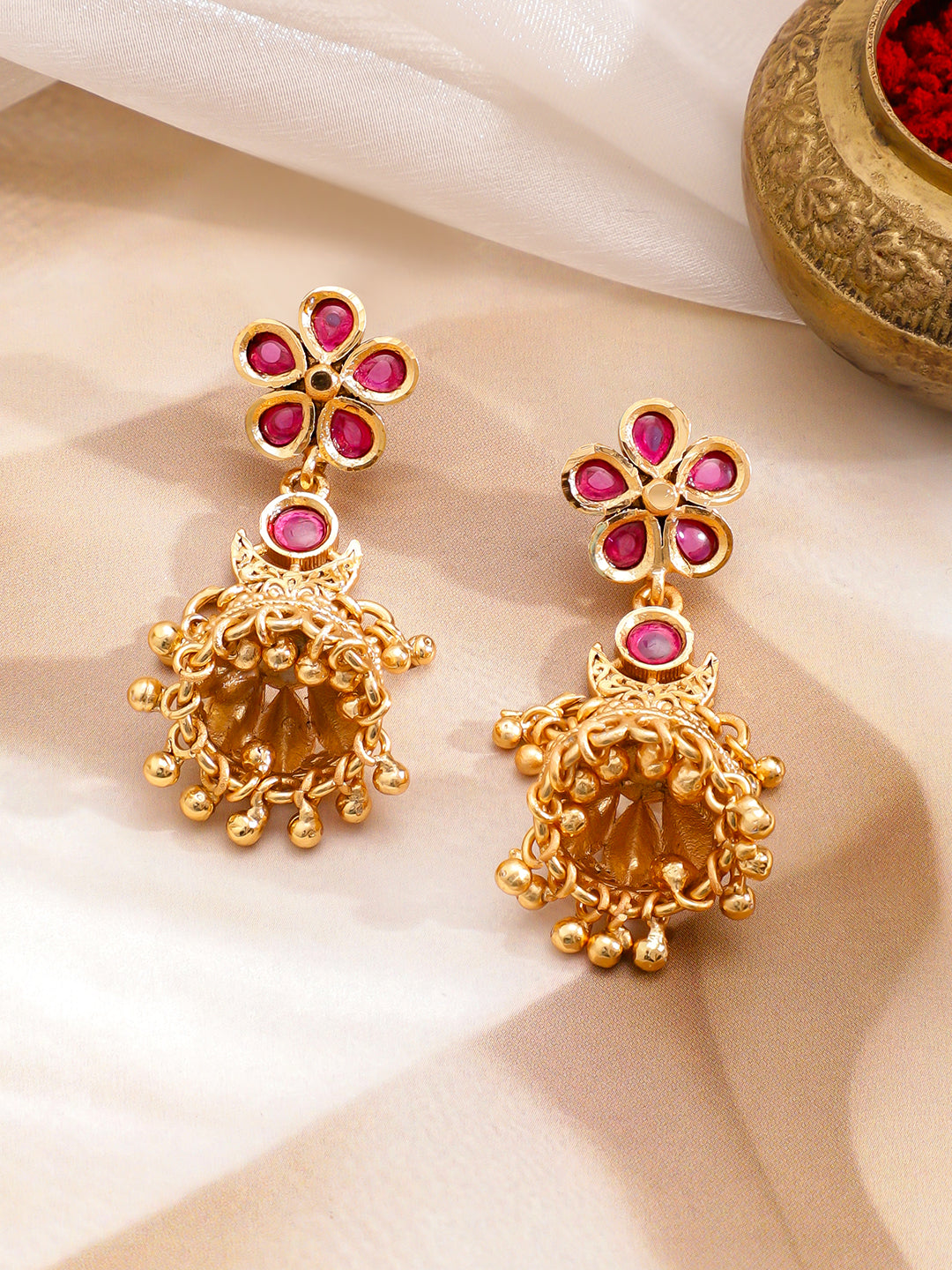 Pink Studded Floral Gold Necklace Set フリーサイズ