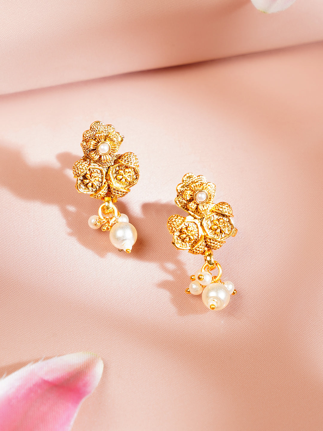 【Rubans】 Gold Plated Floral Necklace Set with Pearl Drops|ゴールドメッキ フローラル パールドロップ ネックレスセット