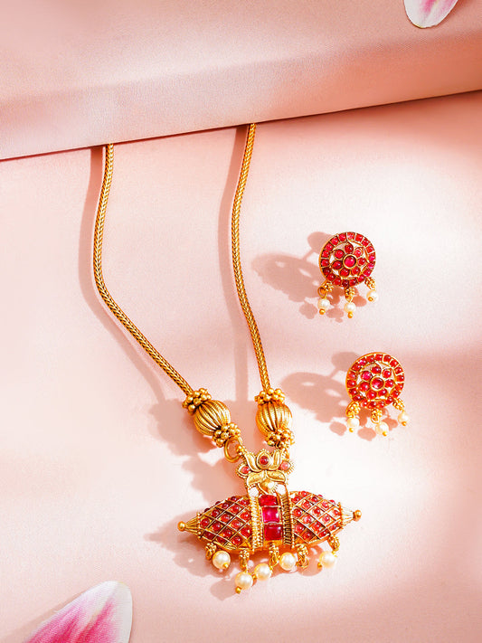 【Rubans】 Gold Plated Pearl Drop Lotus Motif Ruby Red Necklace Set|ゴールドメッキ パールドロップ ロータス ルビーレッド ネックレスセット