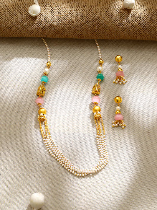 【Rubans】Gold Plated Pastel Bead and Multi-Strand Pearl Necklace Set|ゴールドメッキ パステルビーズ マルチストランド パール ネックレスセット