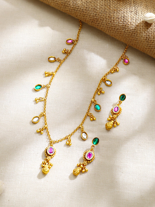 【Rubans】Gold Plated Ruby & Emerald Necklace and Earrings Set|ゴールドメッキ ルビー エメラルド ネックレス&ピアスセット