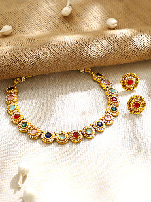 【Rubans】Gold Plated Rainbow Navratna Pearl Halo Choker Set|ゴールドメッキ レインボー ナヴラトナ パール ヘイロー チョーカーセット