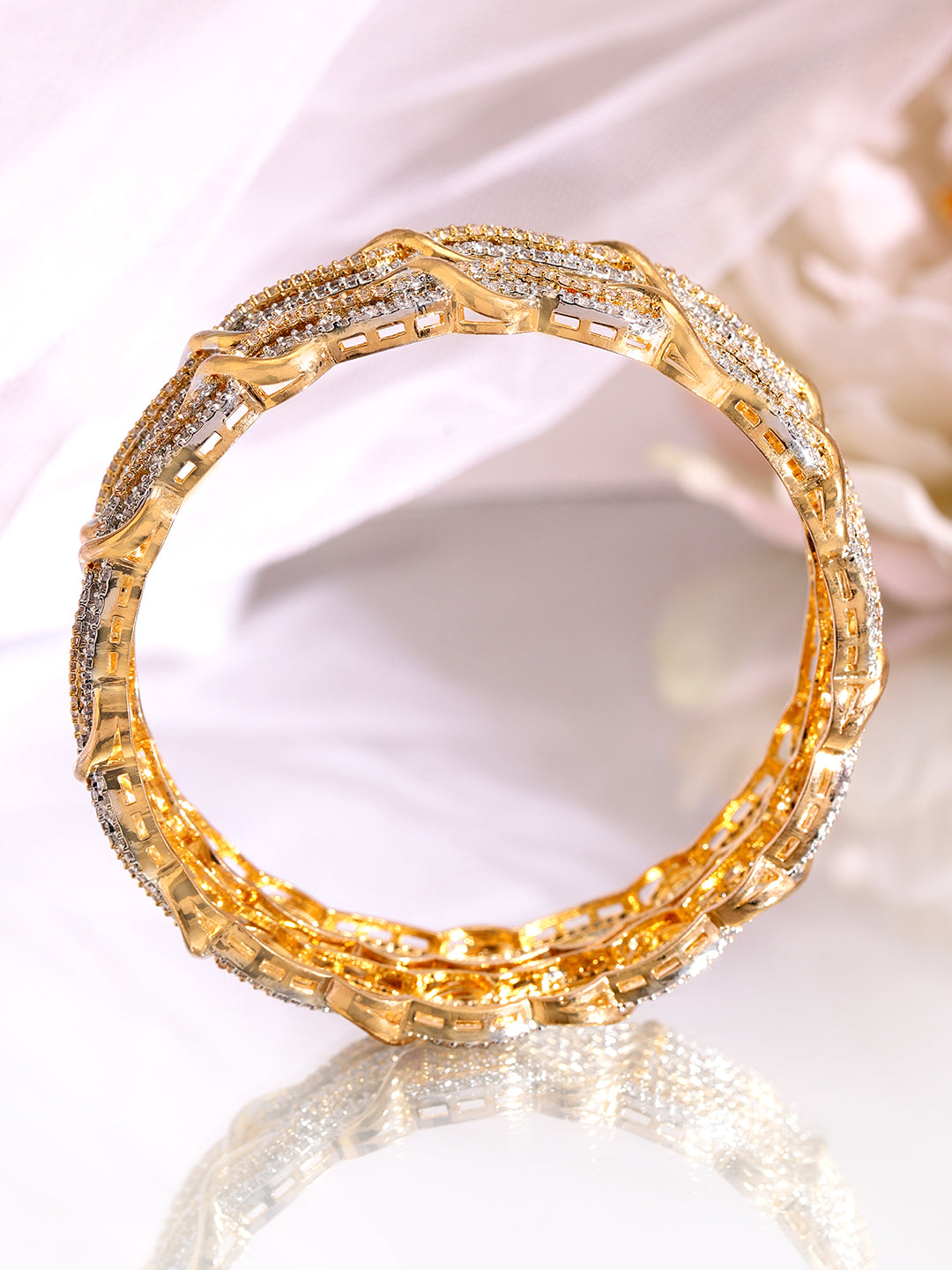 Rubans Set of 2 Rhodium & 18K Gold-Plated Cubic Zirconia Studded Bangles 2.8 - Large