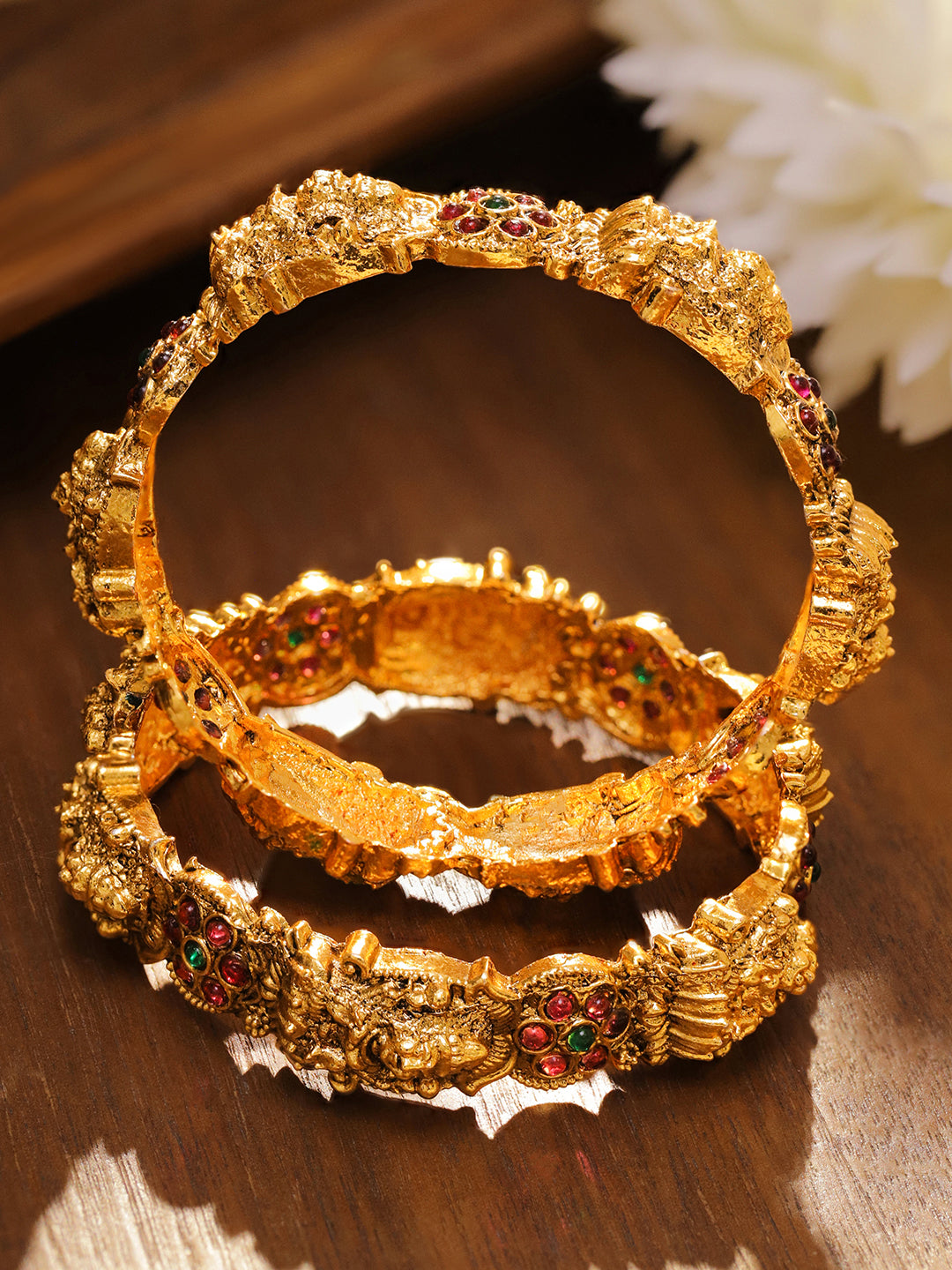Rubans Set of 2 24K Gold-Plated Ruby Red & Green Stone Studded Temple Bangles with Lakshmi Motif 2.8 - Large