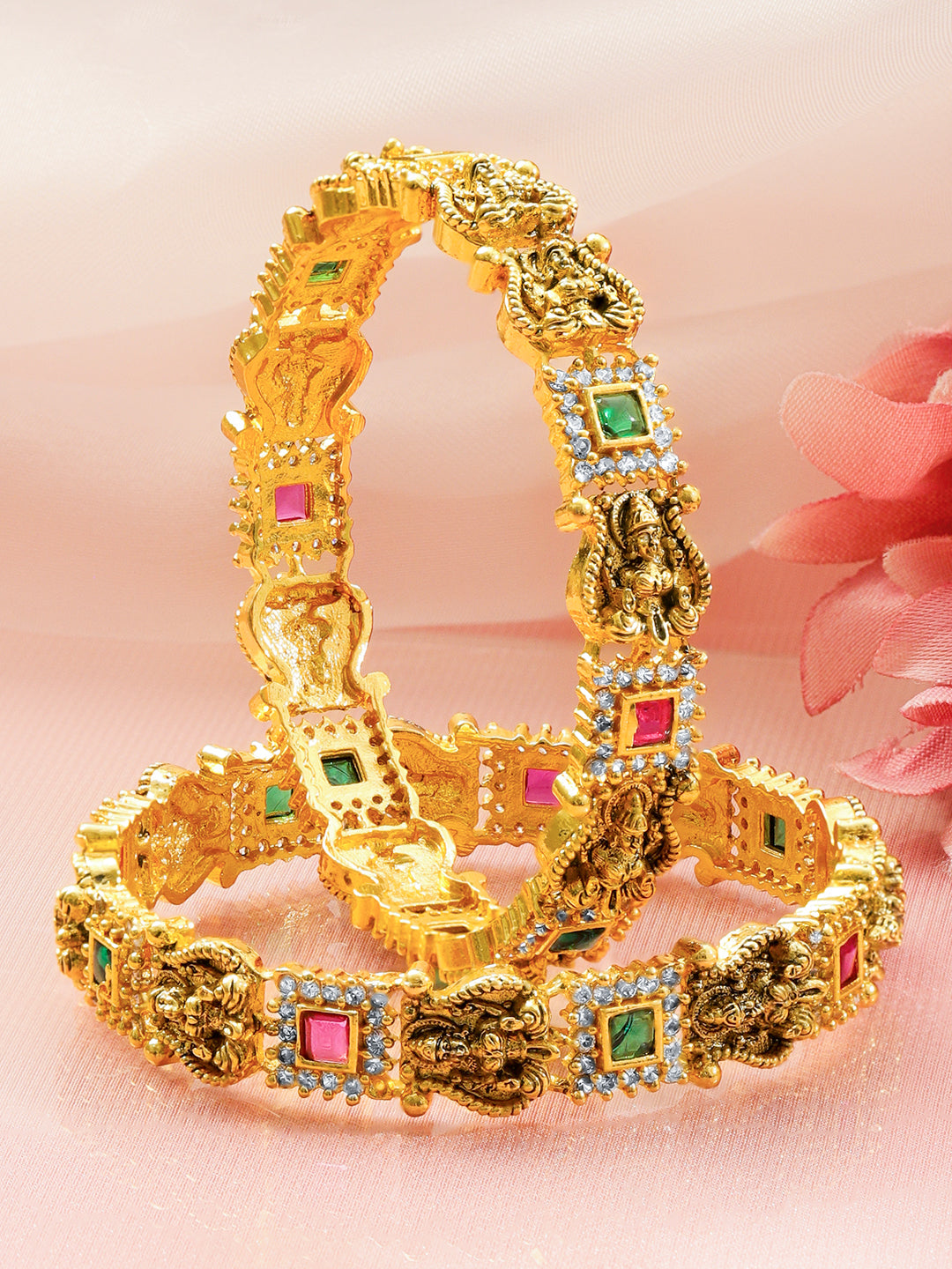 Green & Red Temple Bangles Set Of 2 2.10 - Extra Large