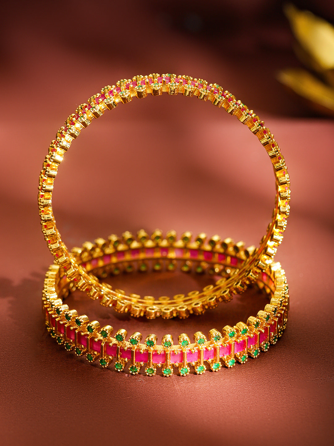 Pink & Green Hues Golden Bangles Set Of 2 2.4 - Small