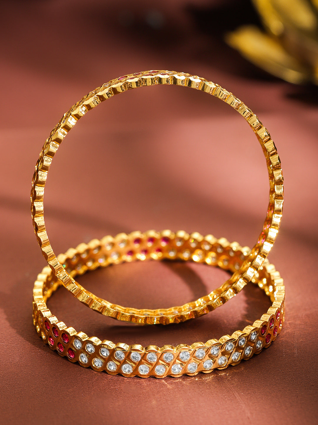 Set Of 2 Pink American Diamond Zirconia Gold Bangles 2.8 - Large