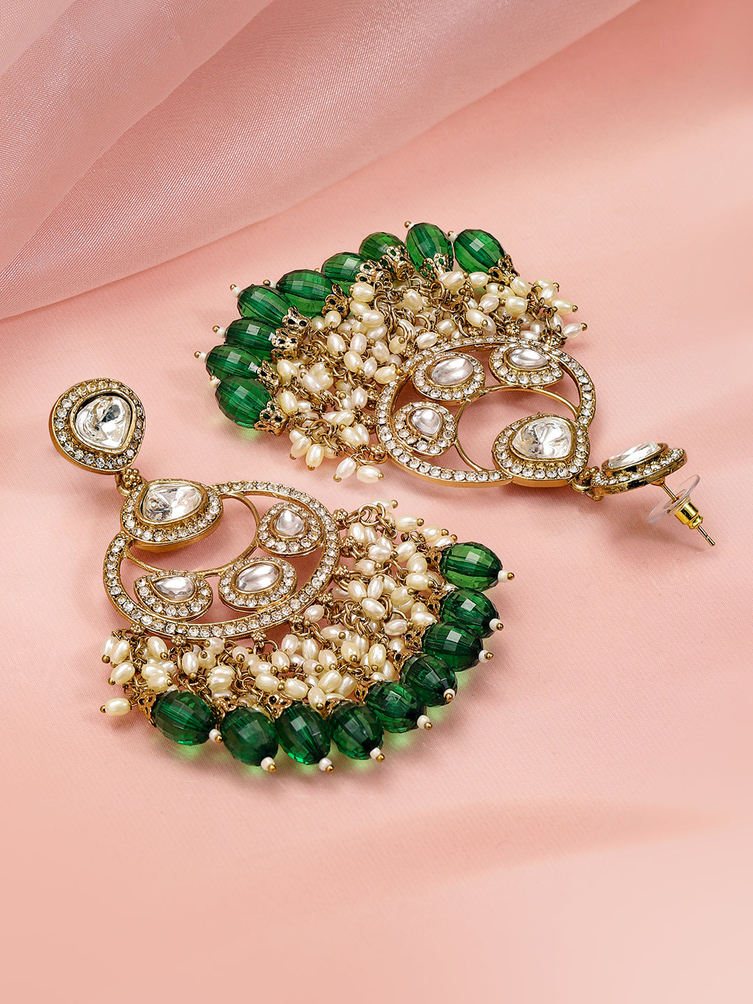 Ethnic Glow Green White Kundan Chandbali フリーサイズ