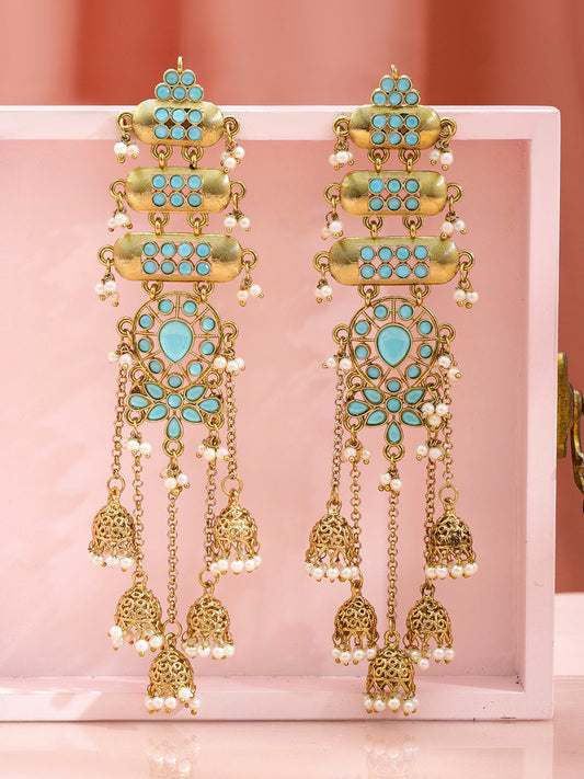 Rubans 18K Mehndi Gold-Plated Turquoise Stone & White Pearl Layered Shoulder Duster Jhumka フリーサイズ