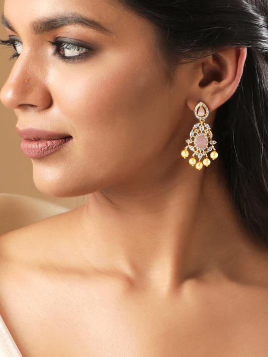 Regal Aura Green Stone & Pearl Danglers Ruby Pink