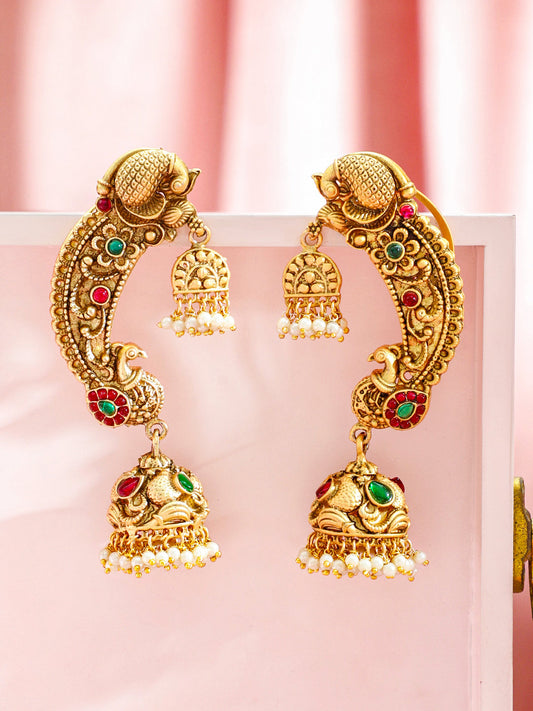 Peacock Motif Pearl Drop Gold Toned Jhumkas フリーサイズ
