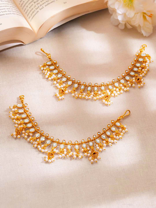 Gold Plated Brass Kundan Glass Pearl Ear Kaan Chain Earrings フリーサイズ