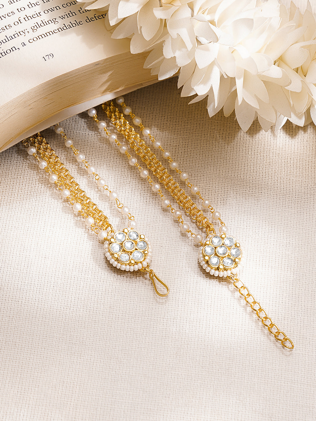 【Rubans】 Gold Plated Kundan Pearl Beaded Layered Ear Chain Earrings|ゴールドメッキ クンダン パールビーズ レイヤード イヤーチェーン イヤリング