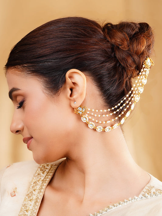 Kundan Multi Layer Pearl Ear Kaan Chain Earrings フリーサイズ