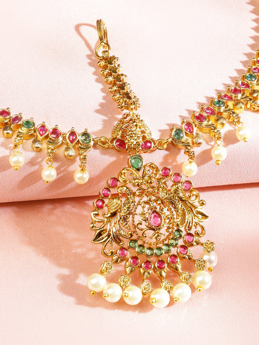 Rubans 22K Gold-Plated Traditional Ruby Green Stone & Pearl Beaded Bridal Matha Patti Gold