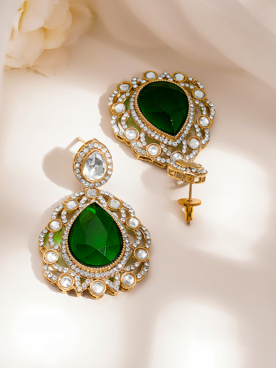 Gold Plated Emerald Green Cubic Zirconia Maangtikka & Earrings Set フリーサイズ