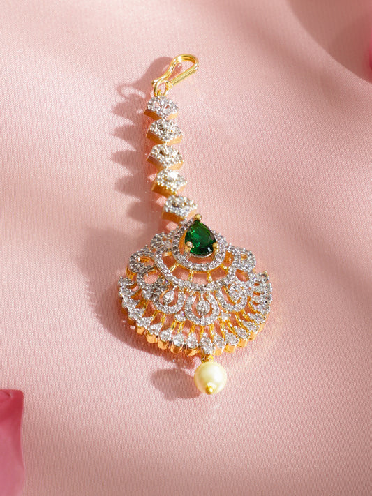 American Diamond Zirconia Green Studded Maang Tikka フリーサイズ