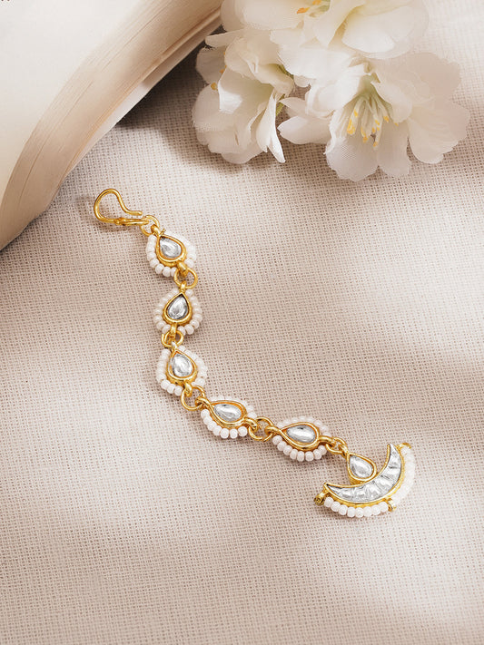 Kundan Pearl Crescent Festive Maangtikka フリーサイズ
