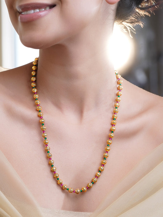 Rubans 18K Gold Plated Brass Gold Beaded Necklace with Green & Ruby Pink Accents フリーサイズ