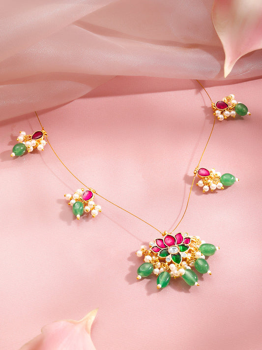 Soft Festive Lotus Kundan Statement Necklace フリーサイズ