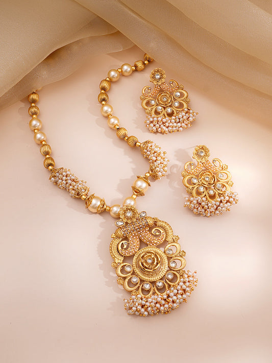 Pearl beaded Kundan Long Necklace Set Gold