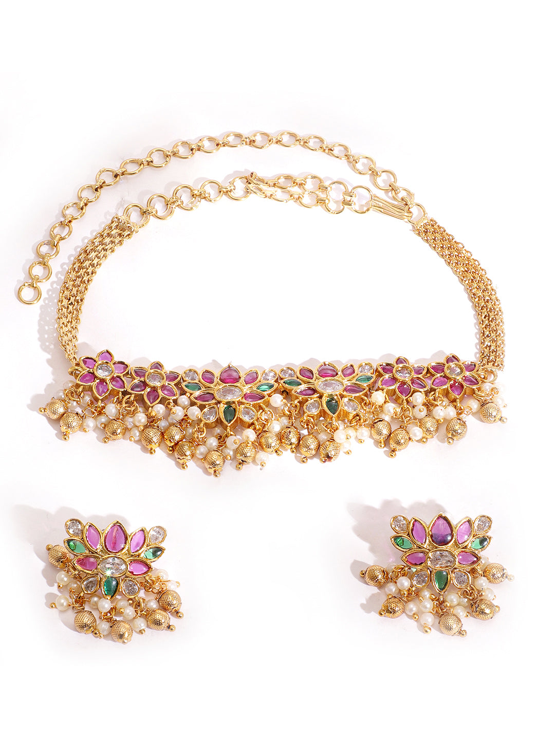 Designer Aura with Green Red Choker Set Gold