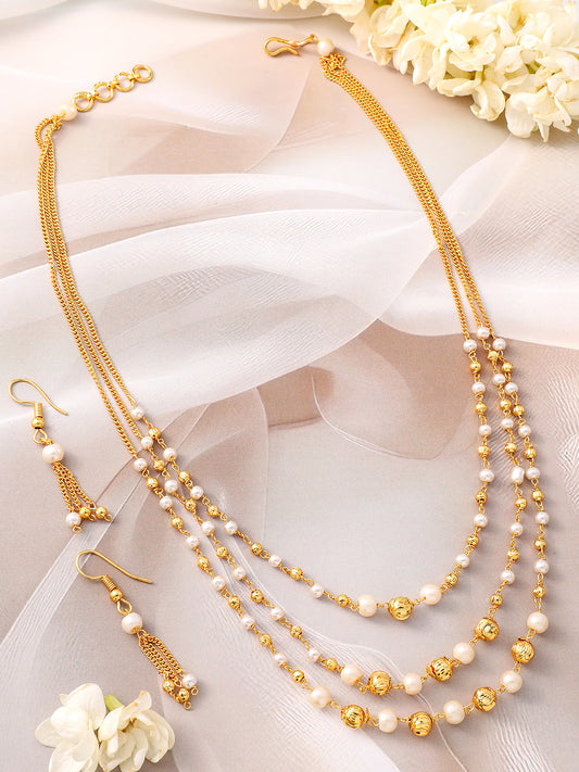 Triple Layered Pearl Beaded Necklace Set フリーサイズ