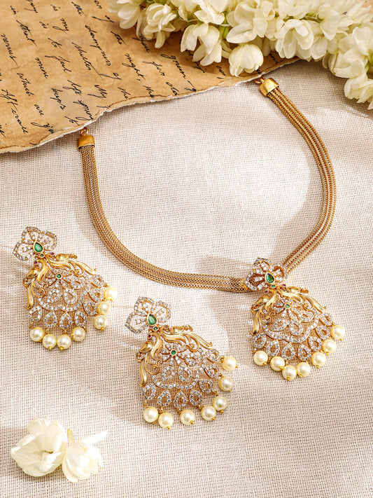 Pearl Drop American Diamond Zirconia Gold Necklace Set フリーサイズ