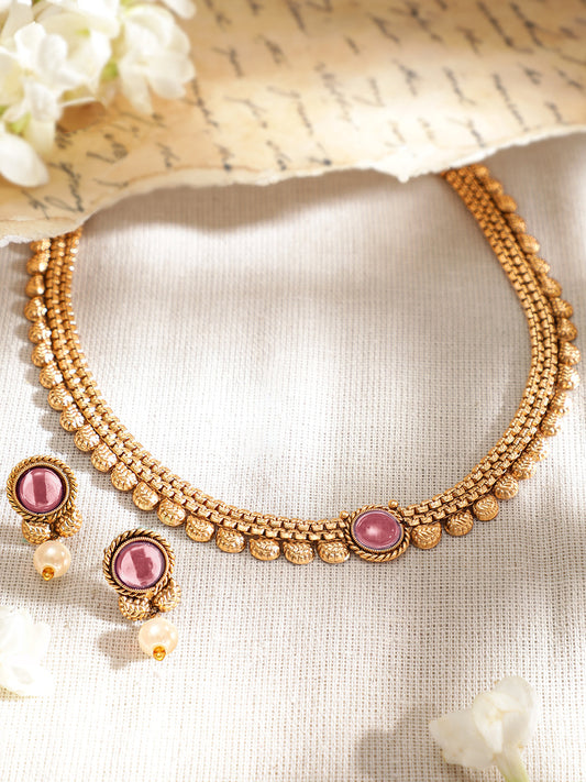 Pink Accented Golden Collar Necklace Set フリーサイズ