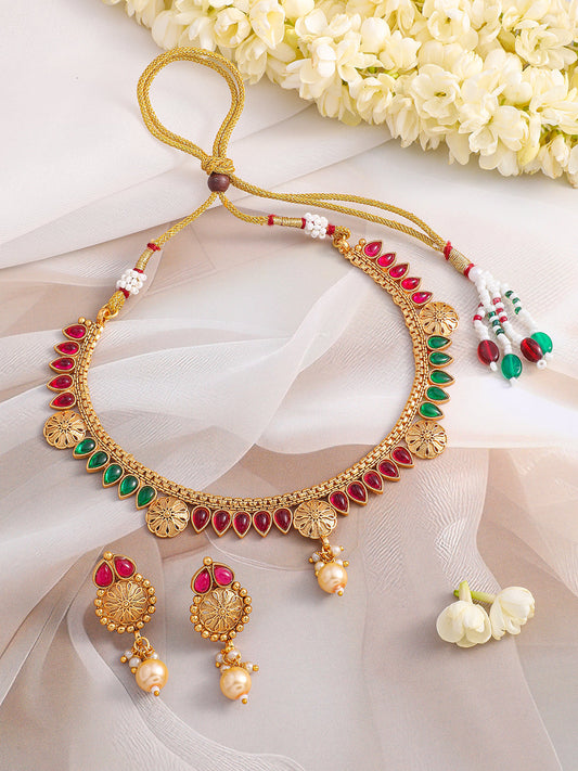 Gold Necklace Set With Pink & Green Studs フリーサイズ