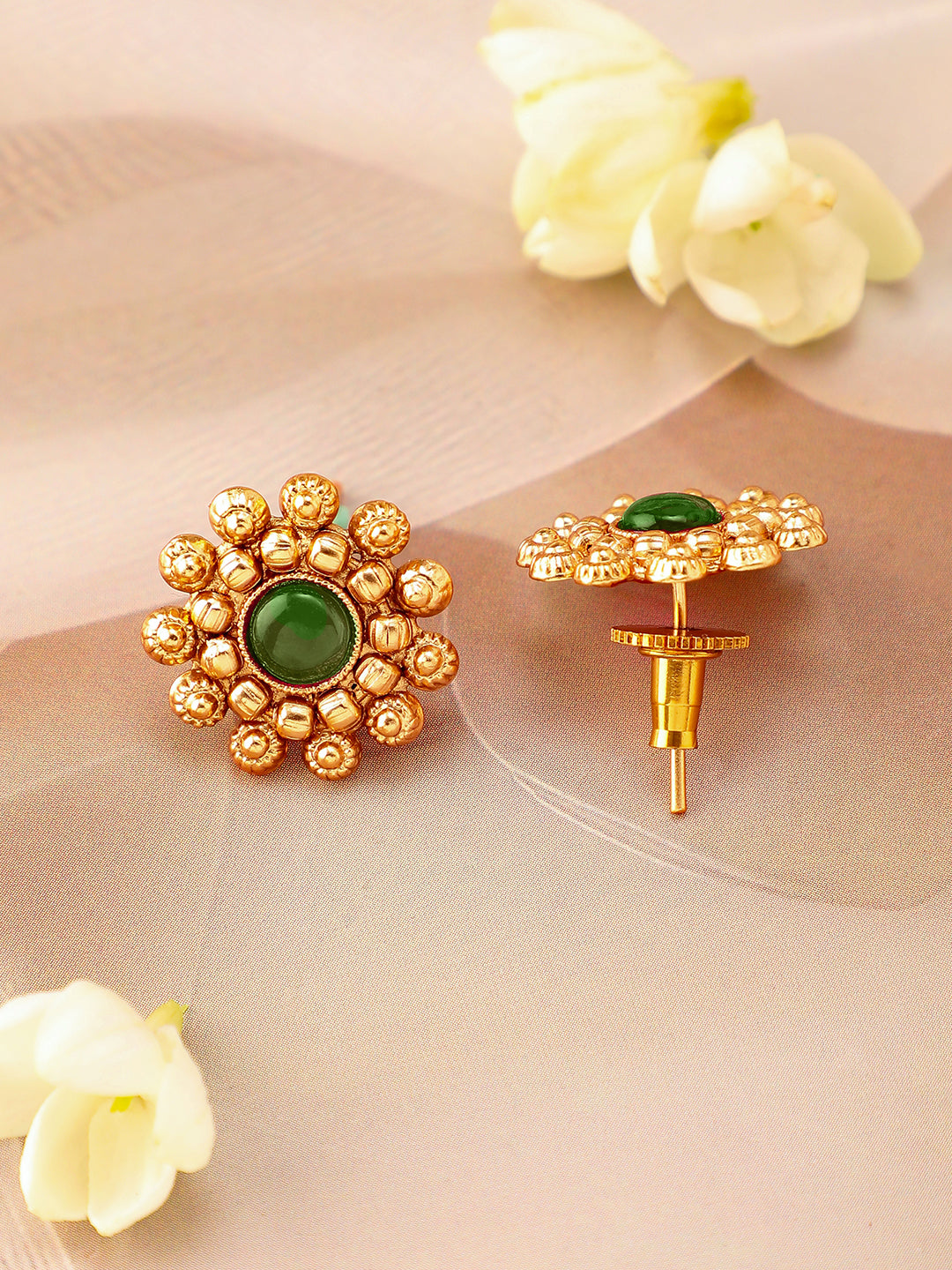 Emerald Studded Gold Beads Necklace Set フリーサイズ