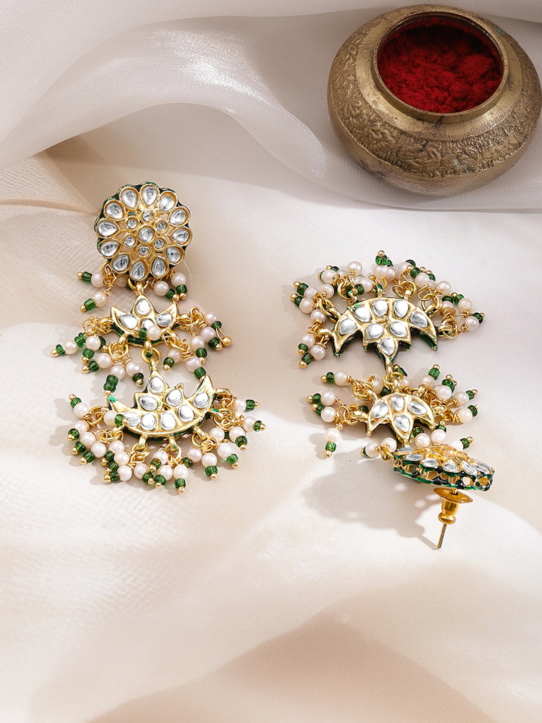 Graceful Kundan Pearl Green Necklace Set フリーサイズ