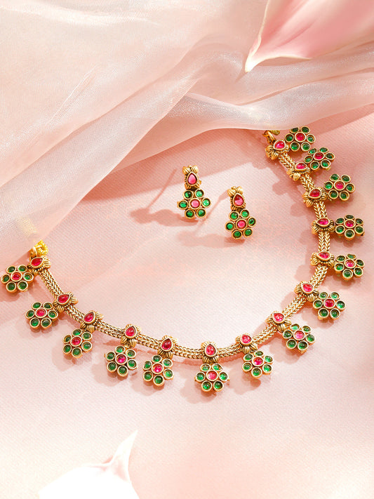 Green & Red Studded Floral Necklace Set フリーサイズ